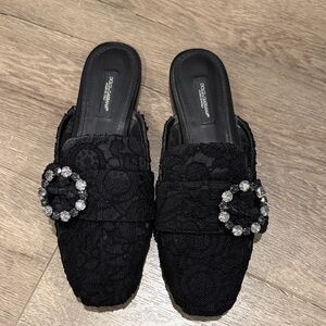 Dolce & Gabbana Black Lace Mules with Crystal Buckle